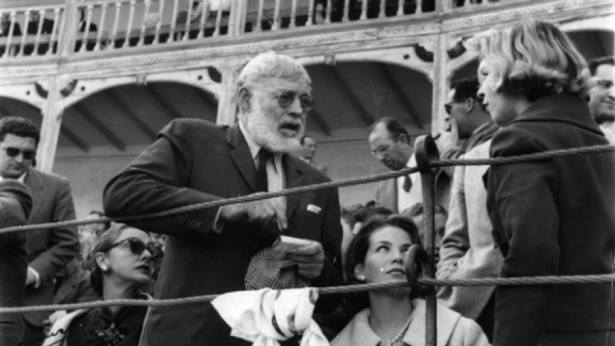 Hemingway entertains two young women he added to his entourage traveling from bullfight to bullfight in Spain, 1959. (From 'Looking for Hemingway,' Lyons Press)